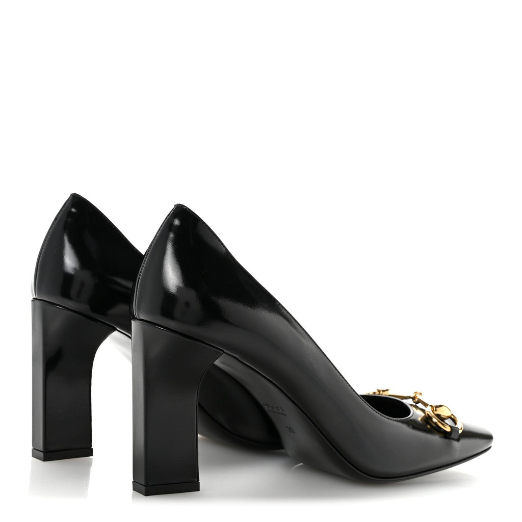 Shiny Calfskin Horsebit Signora 85mm Pumps 39 Black