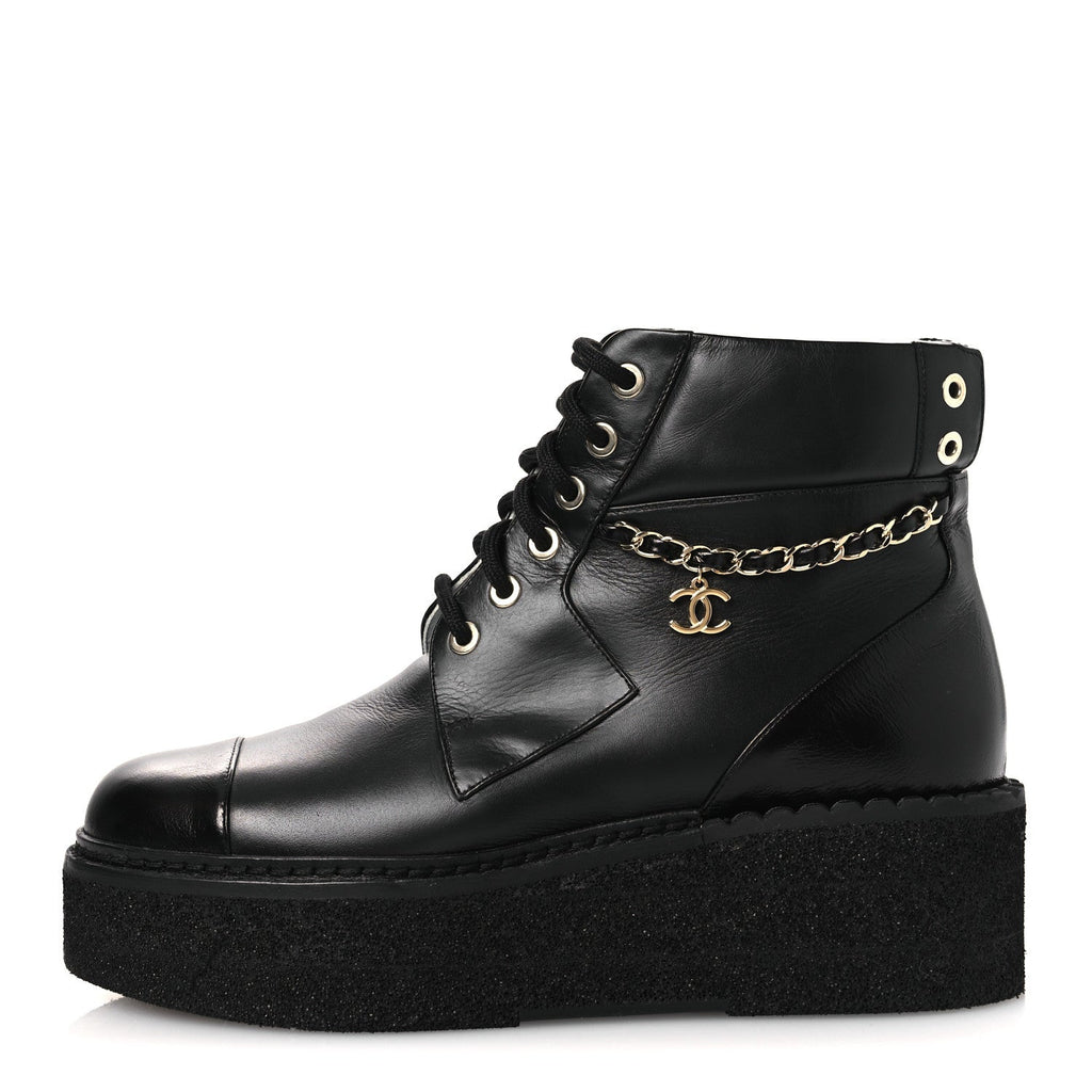 Calfskin Shiny Calfskin Chain Lace Up CC Short Boots 38.5 Black