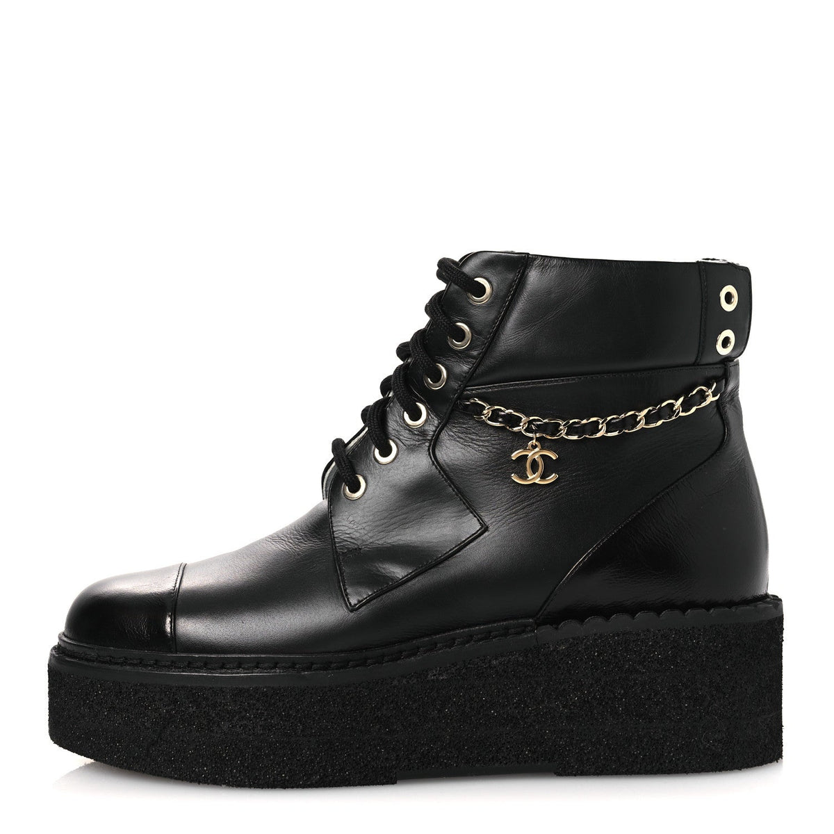 Calfskin Shiny Calfskin Chain Lace Up CC Short Boots 38.5 Black