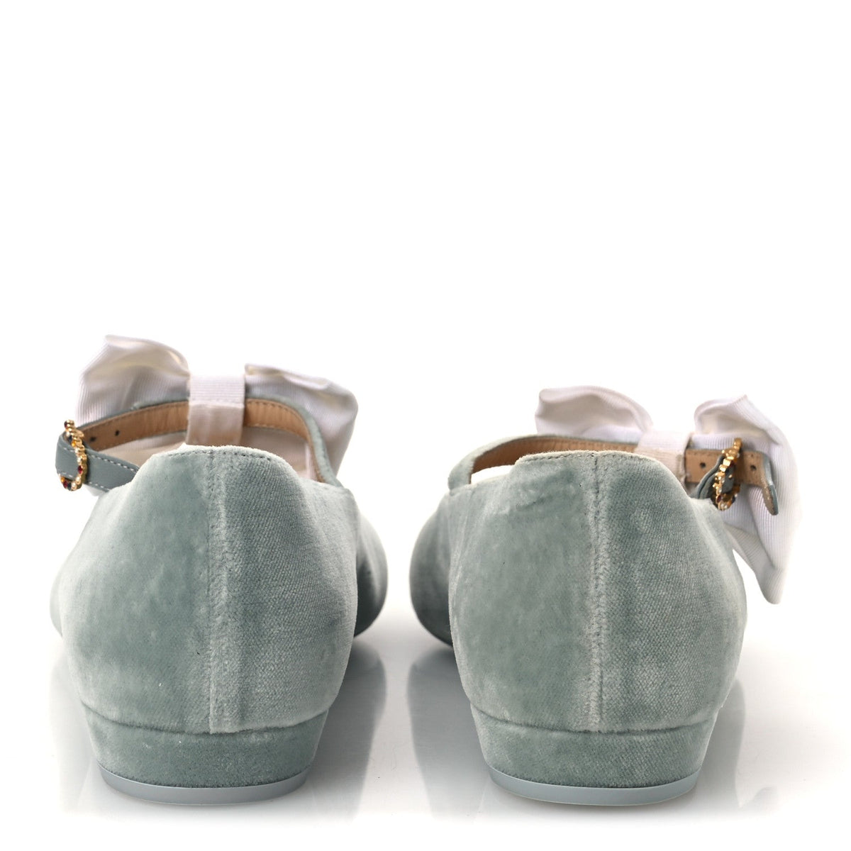 Velvet Grosgrain Bow Mary Jane Flats 37.5 Light Green White