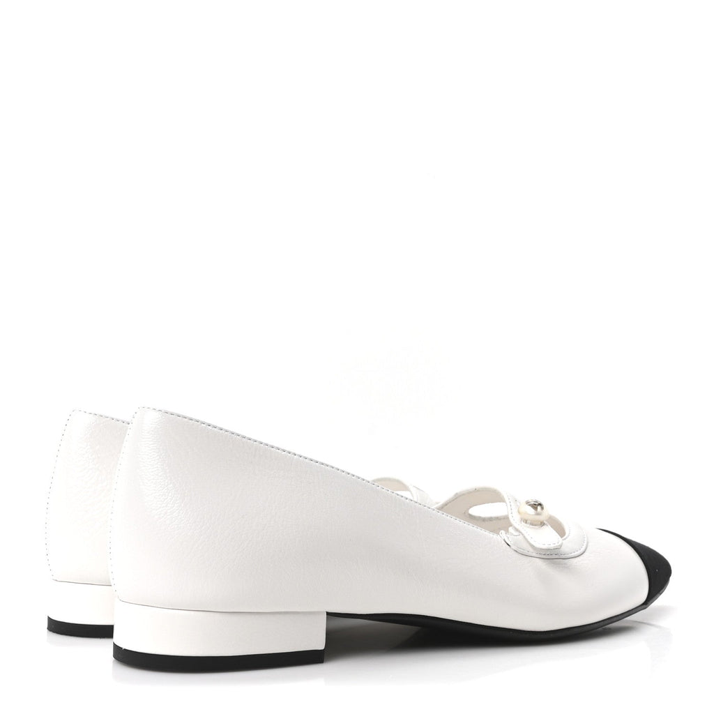 Shiny Lambskin Grosgrain Pearl Mary Janes Flats 37.5 White Black