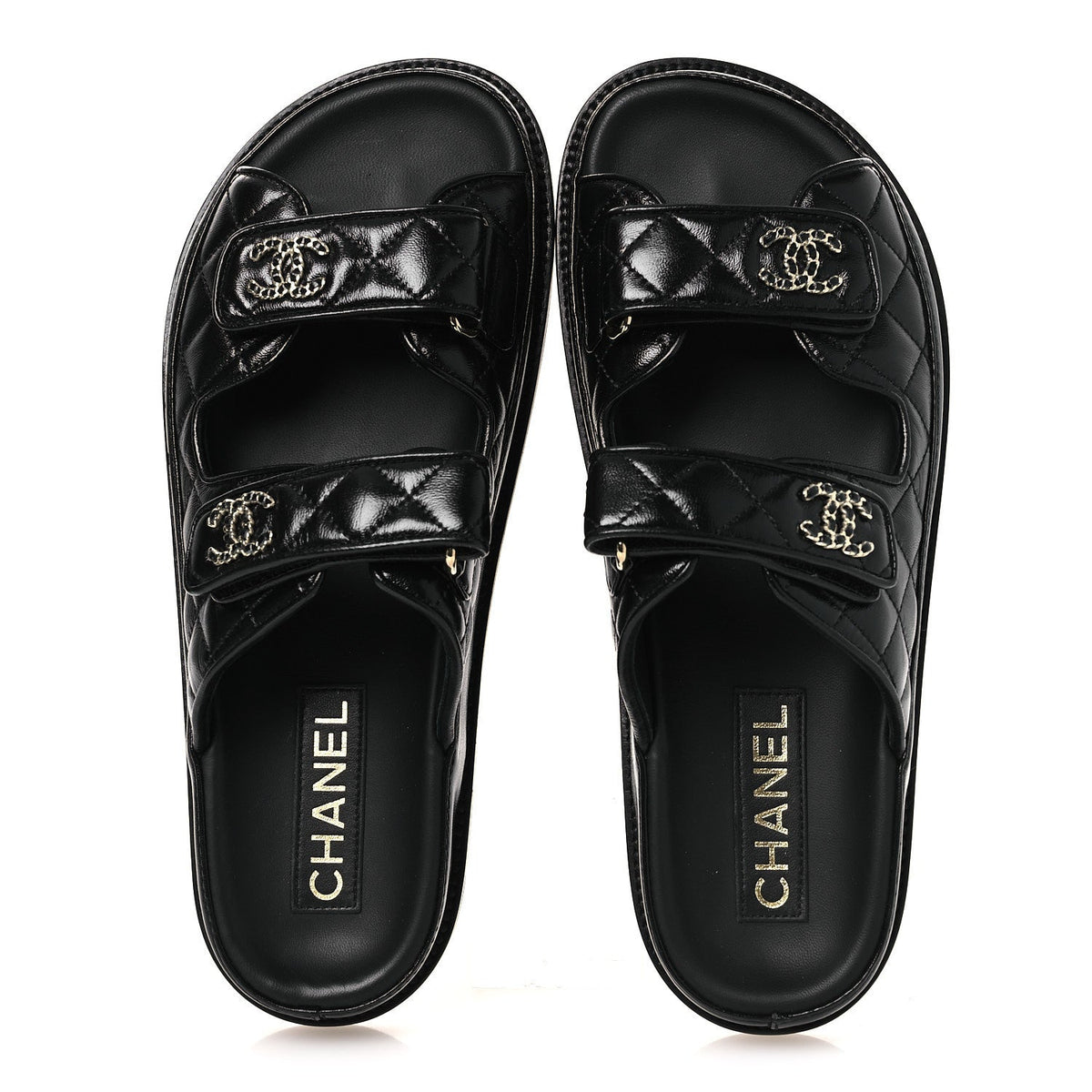 Lambskin Quilted Velcro Dad Chain CC Slide Sandals 38.5 Black