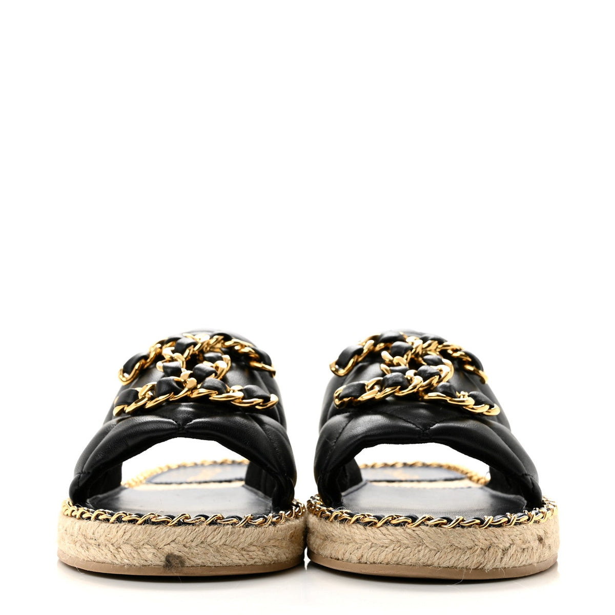 Lambskin Quilted CC Chain Espadrille Mules 38 Black Navy