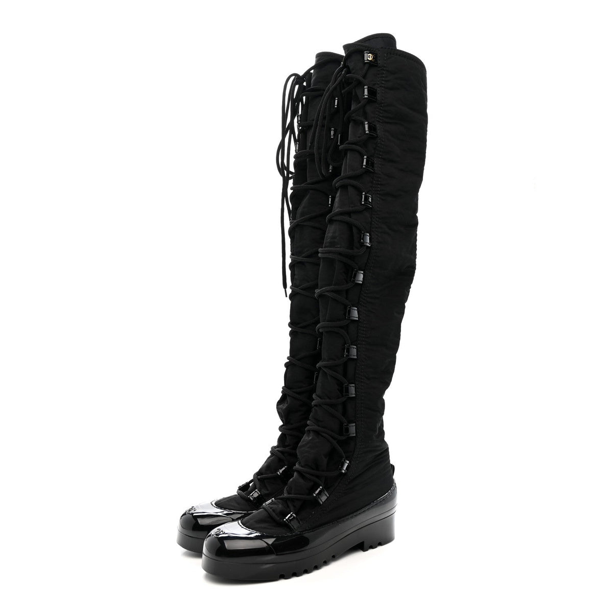 Nylon Rubber CC Lace Up Thigh High Boots 40 Black