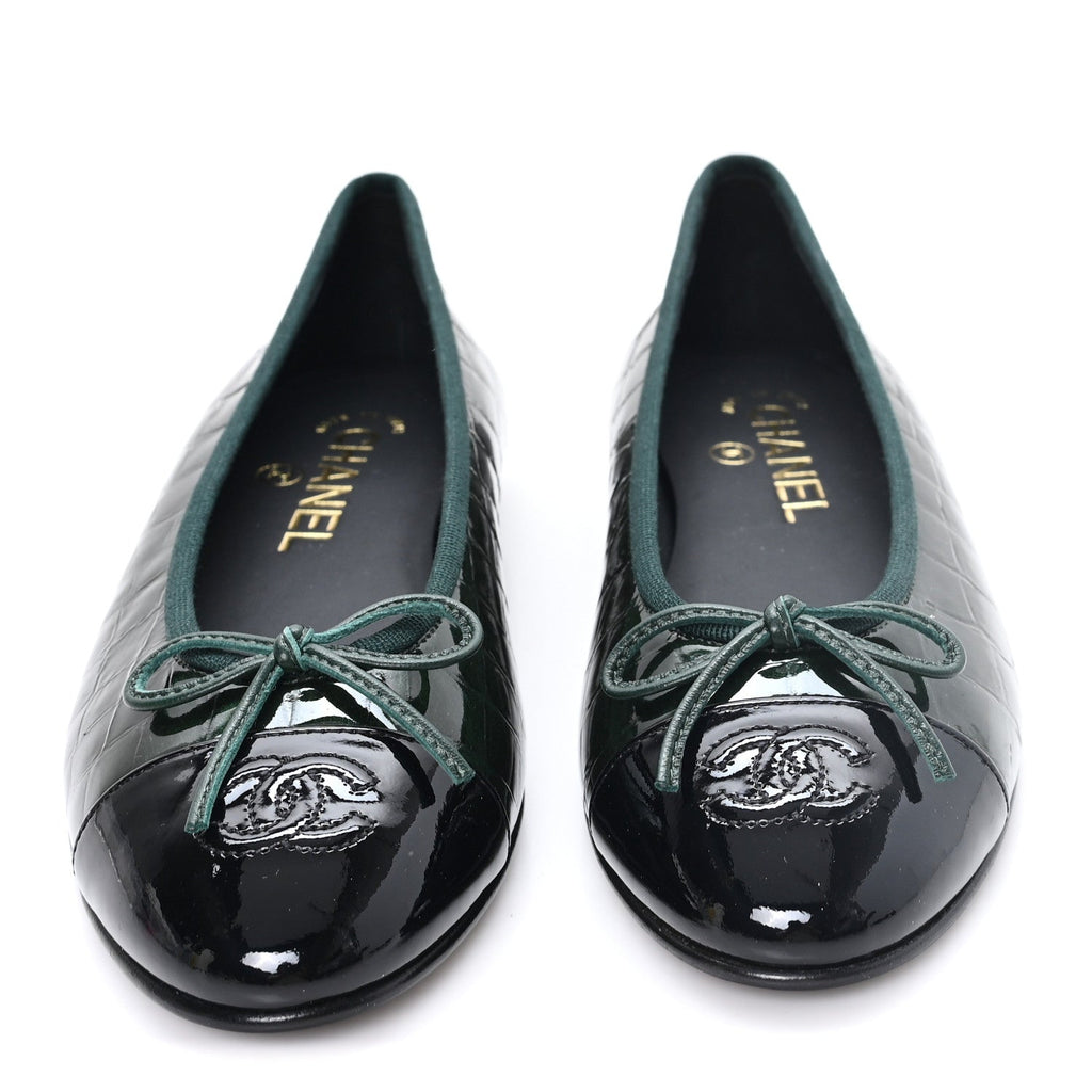 Crocodile Embossed Patent Calfskin Ballet Flats 36.5 Dark Green Black