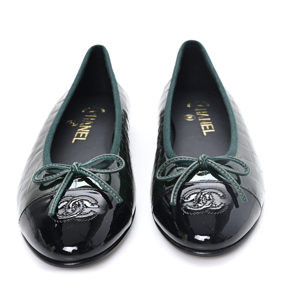 Crocodile Embossed Patent Calfskin Ballet Flats 36.5 Dark Green Black