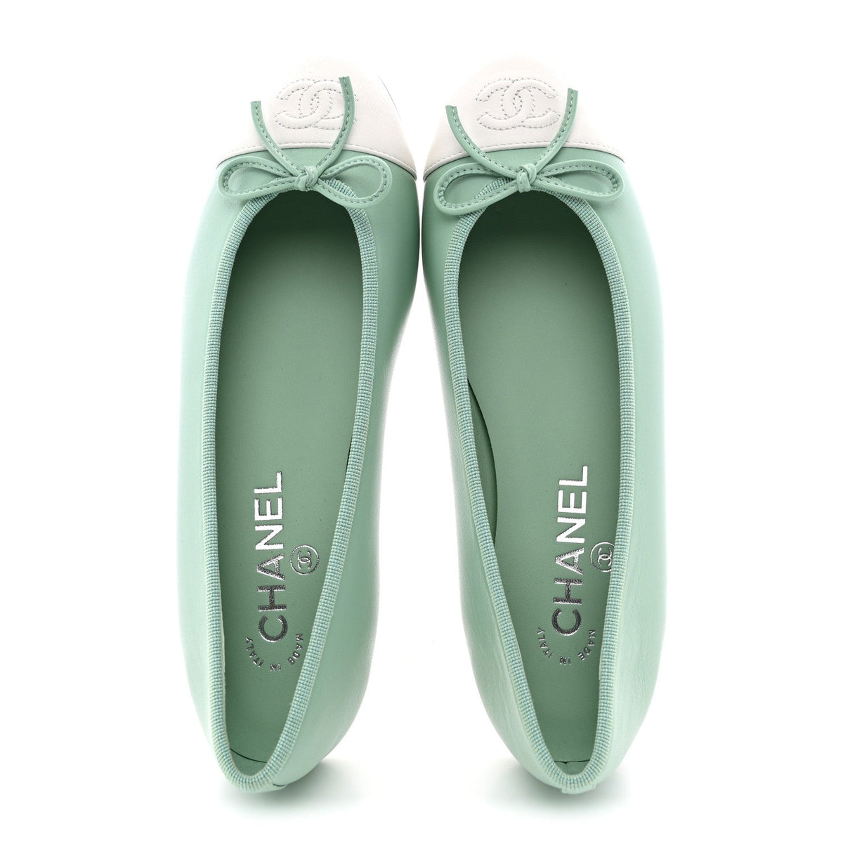 Lambskin CC Cap Toe Ballerina Flats  36.5 Light Green White