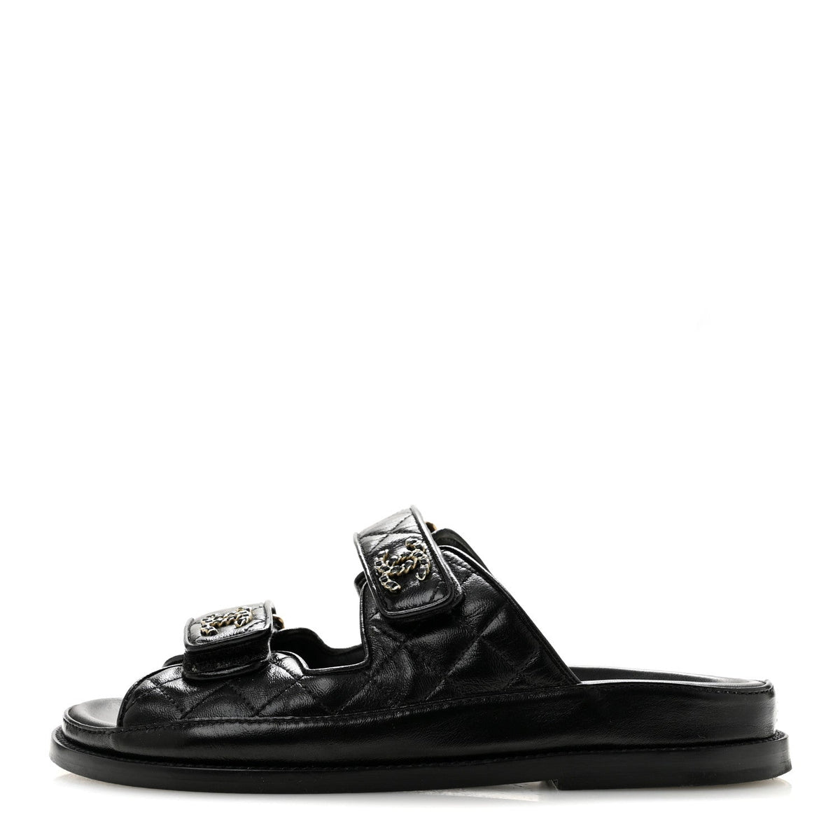 Lambskin Quilted Velcro Dad Chain CC Slide Sandals 36 Black