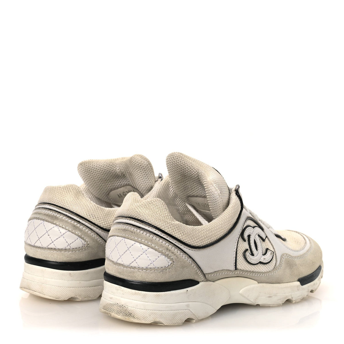 Mesh Suede Calfskin Grosgrain Womens CC Sneakers 37.5 White Black