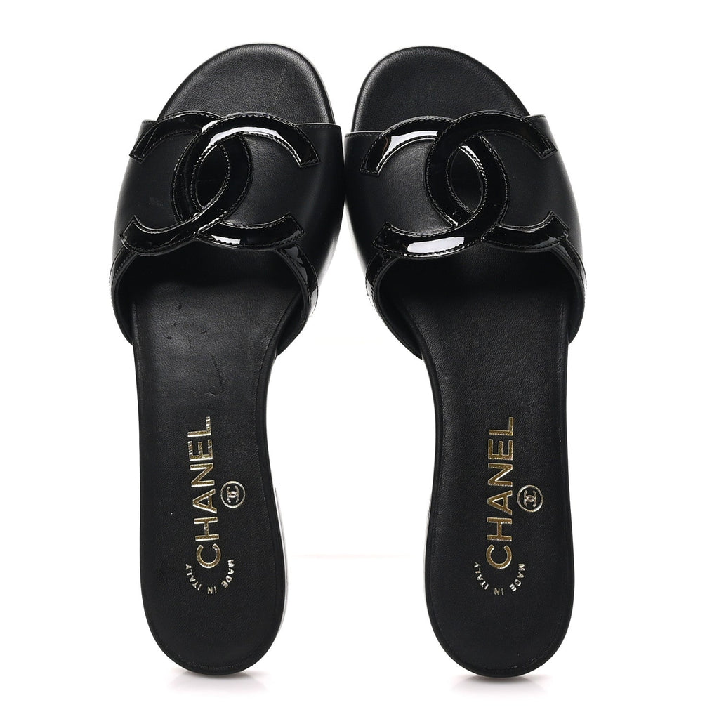 Lambskin CC Cutout Sandal Mules 37.5 Beige Black