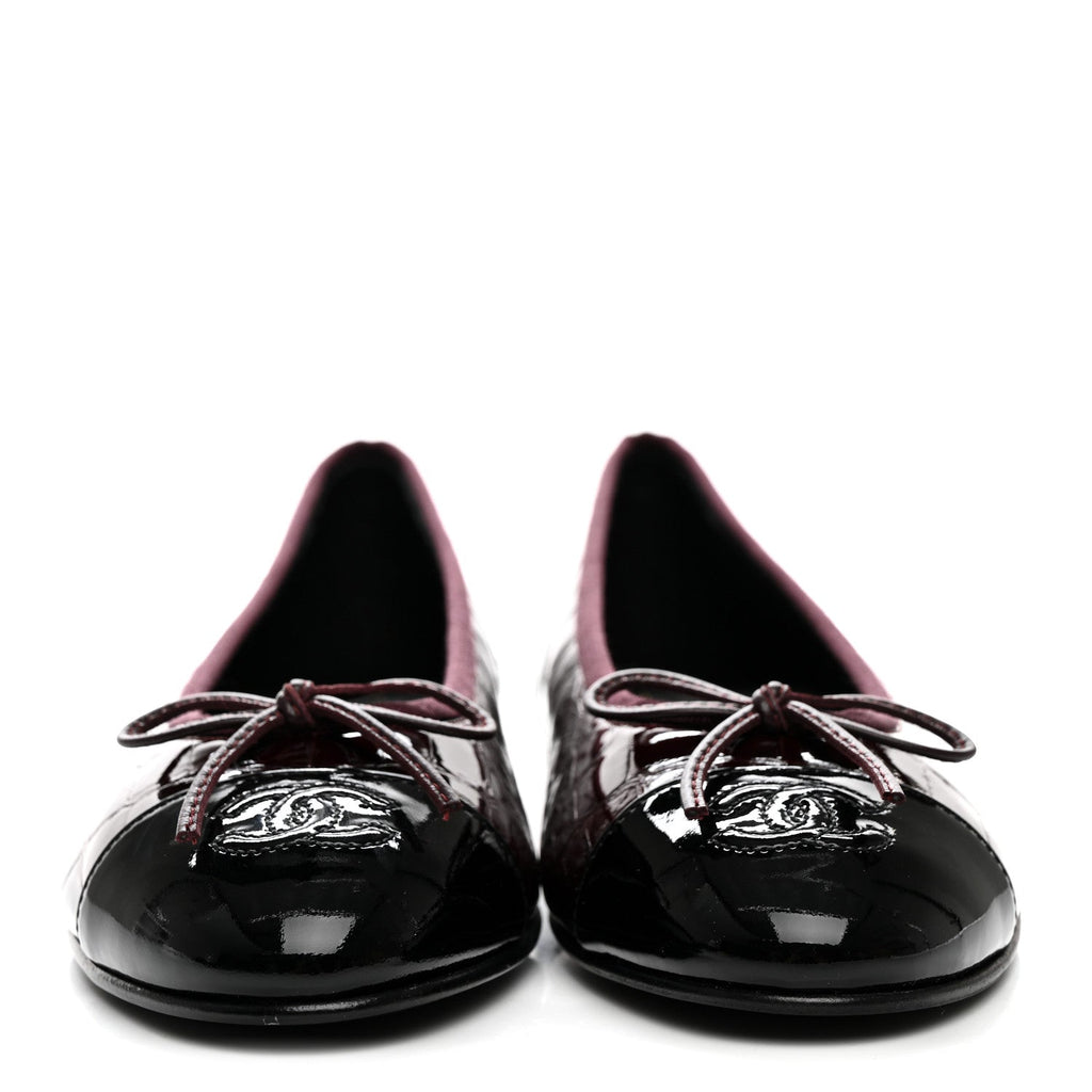 Patent Calfskin Crocodile Embossed Ballerina Flats 37.5 Dark Burgundy Black