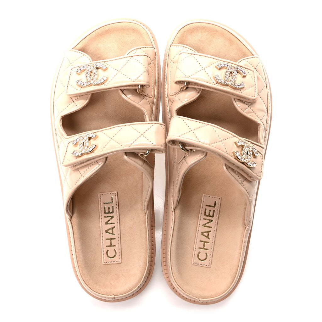 Shiny Calfskin Quilted Velcro Dad Crystal CC Slide Sandals 38 Beige