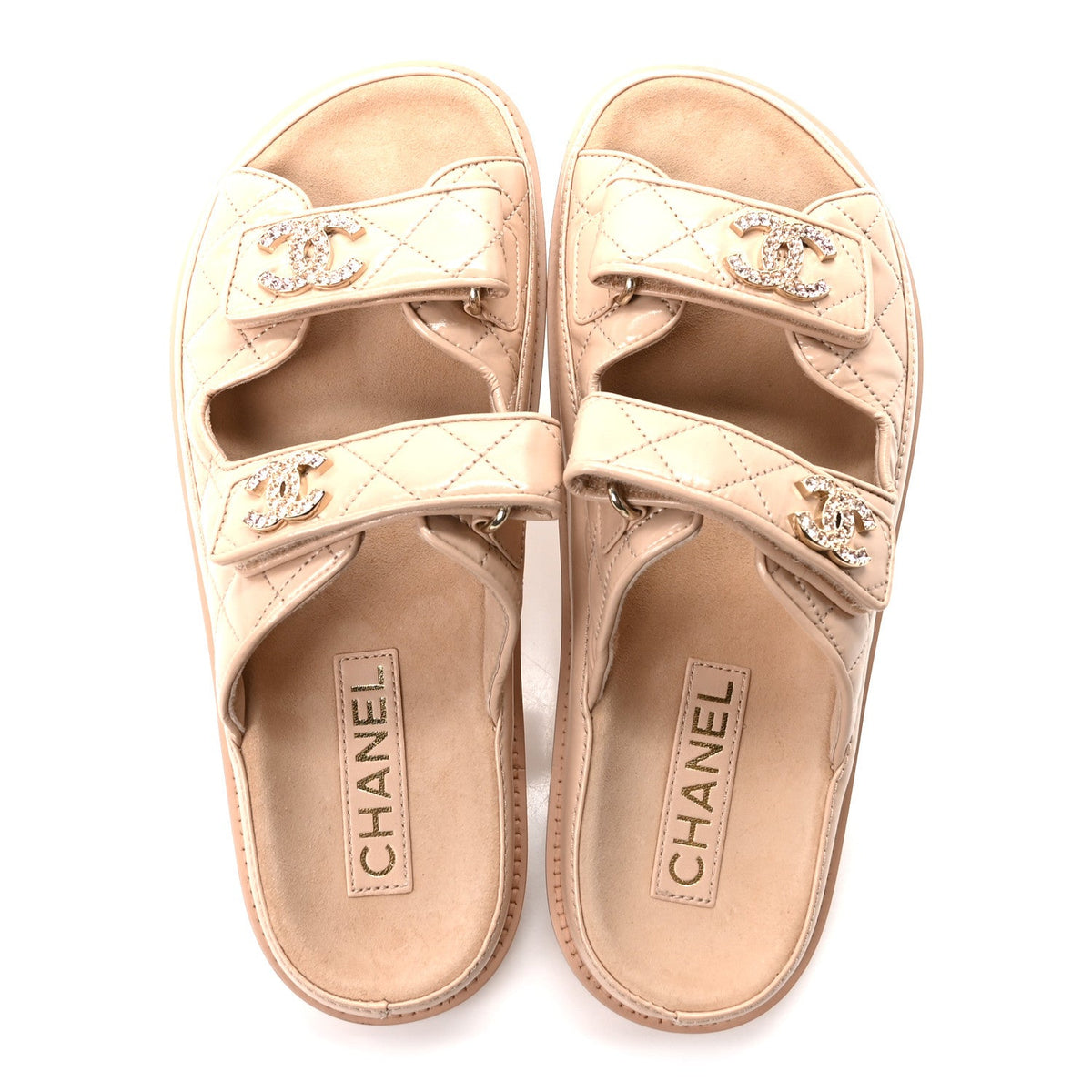 Shiny Calfskin Quilted Velcro Dad Crystal CC Slide Sandals 38 Beige