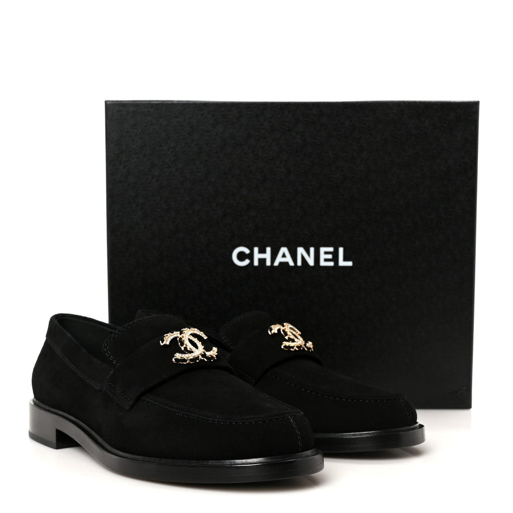 Suede Kidskin Crystal CC Loafers 38 Black
