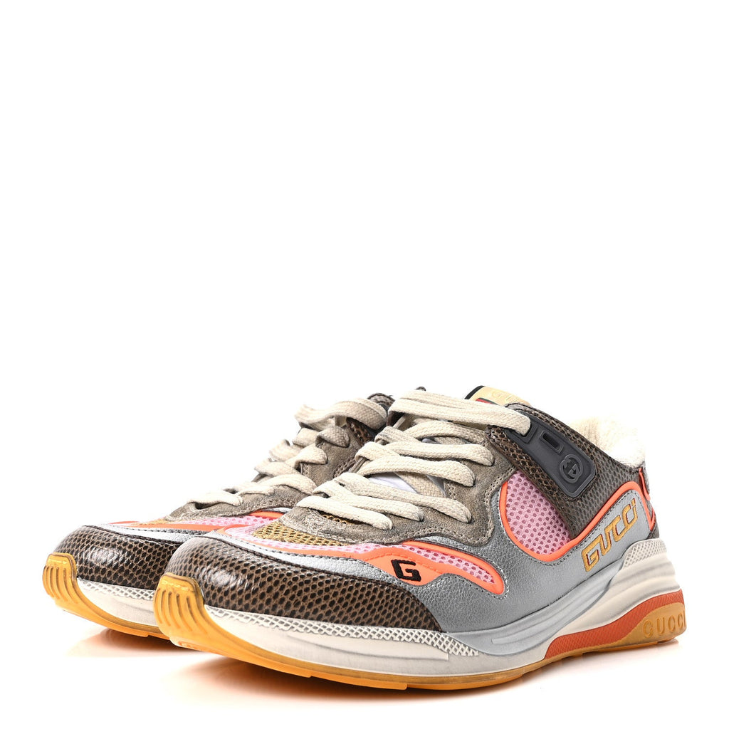 Calfskin Suede Mesh Lizard Embossed Womens Ultrapace Sneakers 37 Silver Anthracite Neon Orange