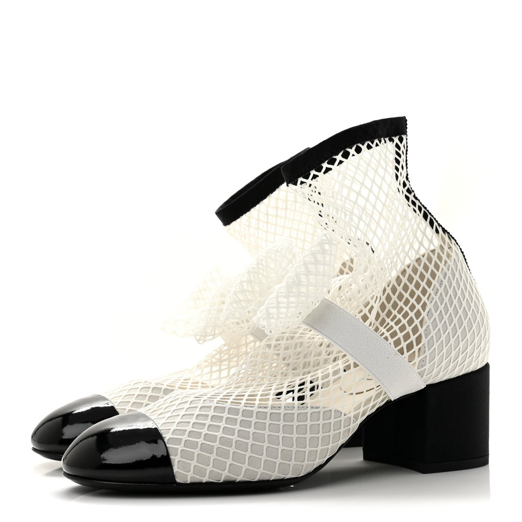 Mesh Kid Suede Patent Mary Jane Short Boots 37.5 White Black