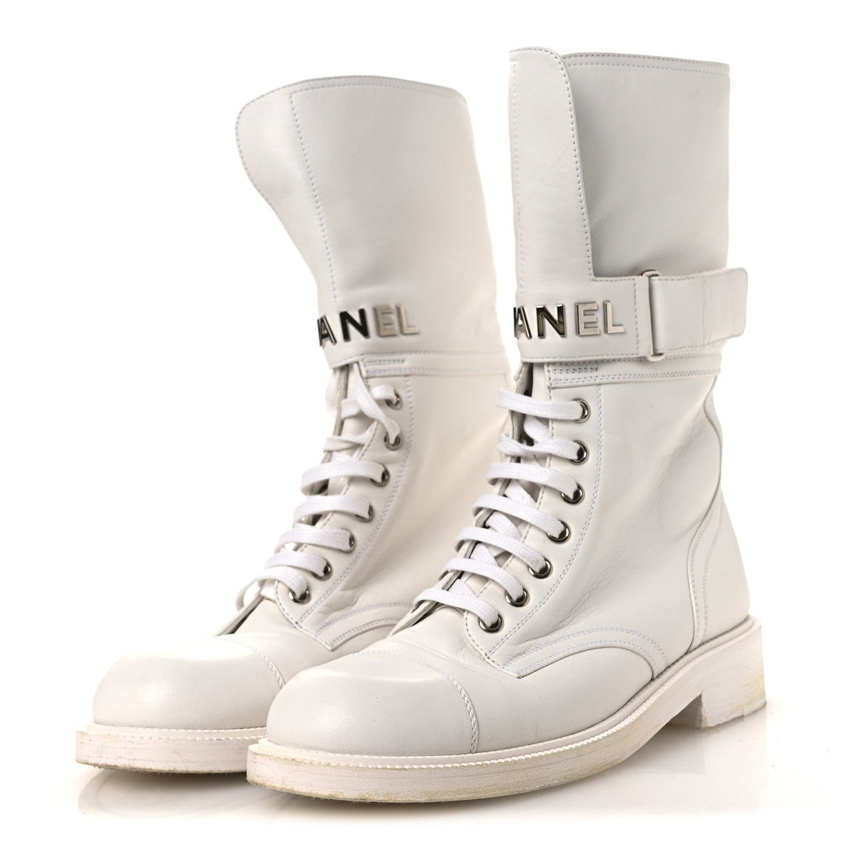 Calfskin Lace Up Logo Mid Calf Combat Boots 38.5 White Black