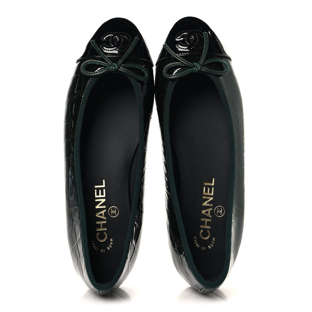 Patent Crocodile Embossed Ballerina Flats 37.5 Dark Green Black