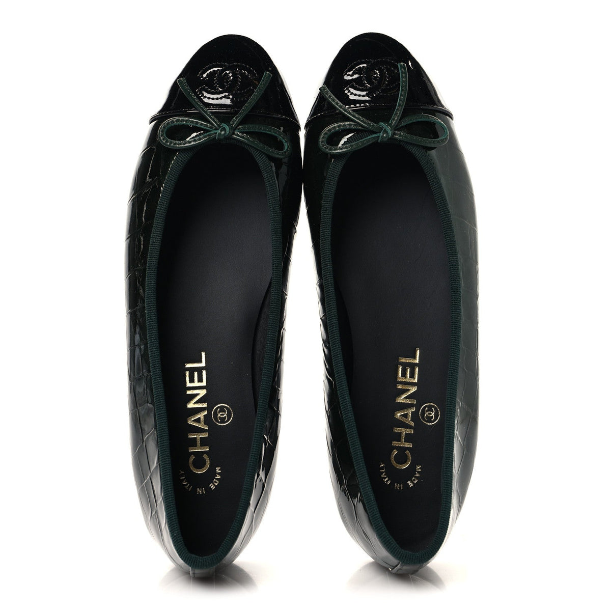 Patent Crocodile Embossed Ballerina Flats 37.5 Dark Green Black