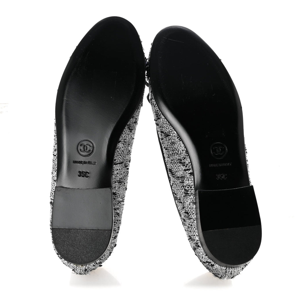 Tweed Sequin Cap Toe Ballerina Flats 35 Silver Black Blue