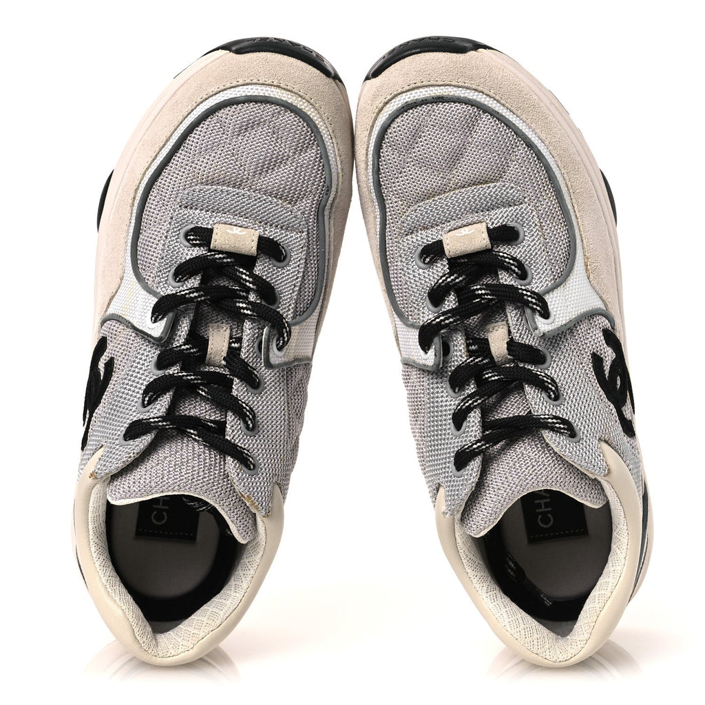 Mesh Suede Calfskin Grained Calfskin Womens CC Sneakers 37 Grey White