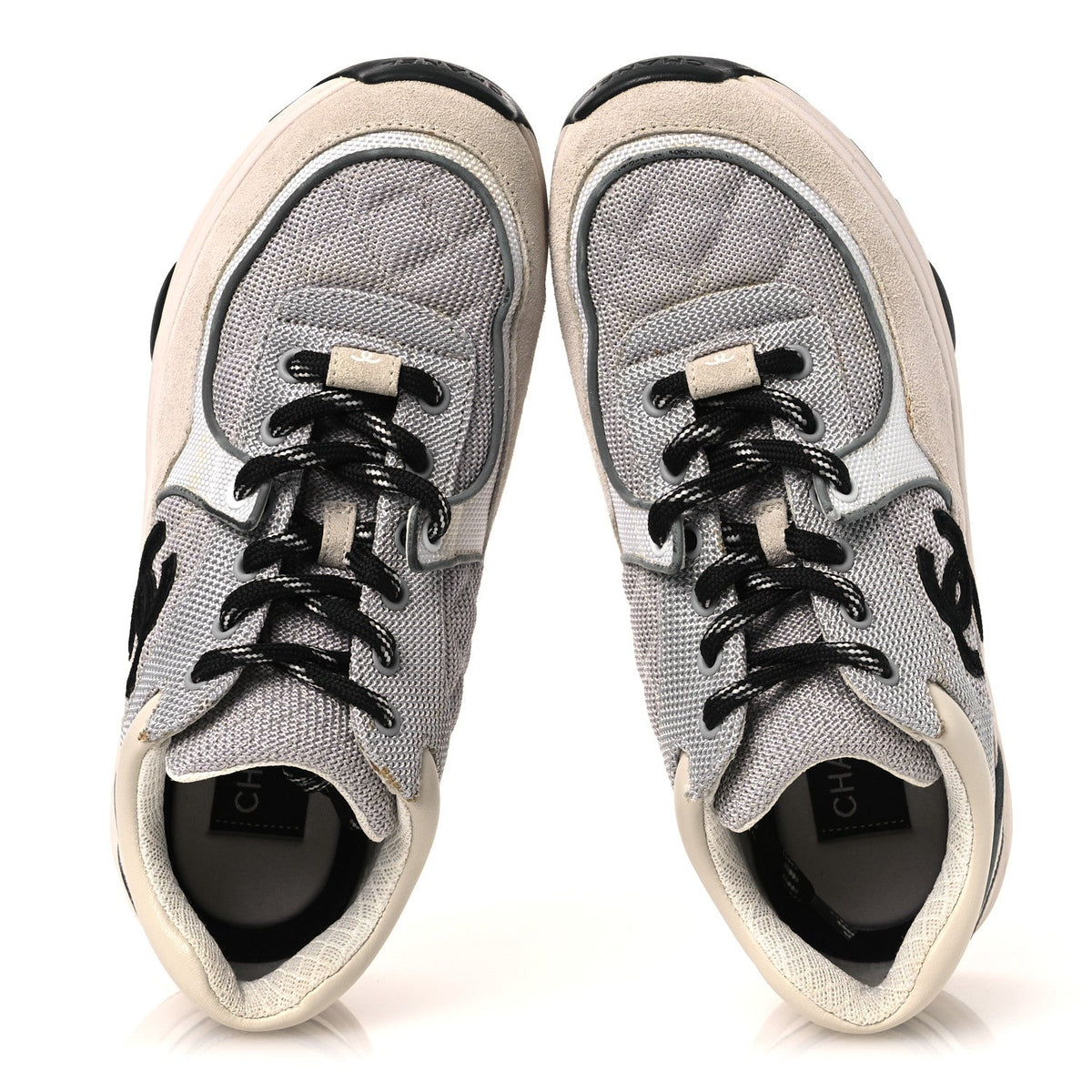 Mesh Suede Calfskin Grained Calfskin Womens CC Sneakers 37 Grey White
