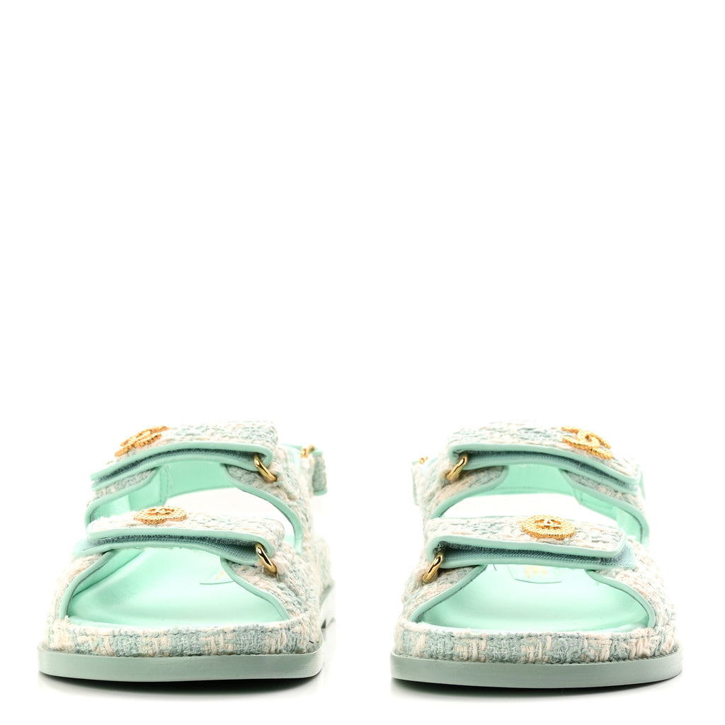 Wool Tweed Velcro Dad Sandals 37.5 Light Blue Ivory