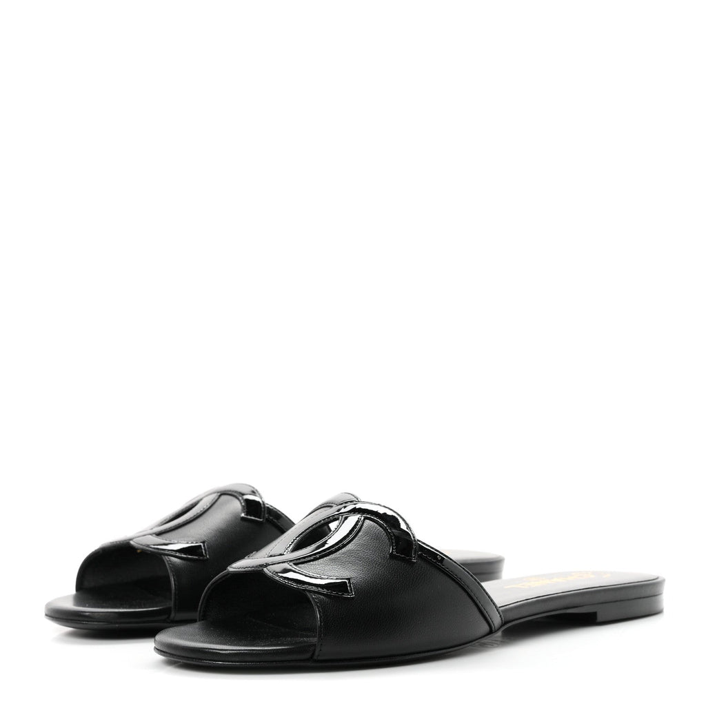 Lambskin Patent Calfskin CC Cutout Mules 39.5 Black