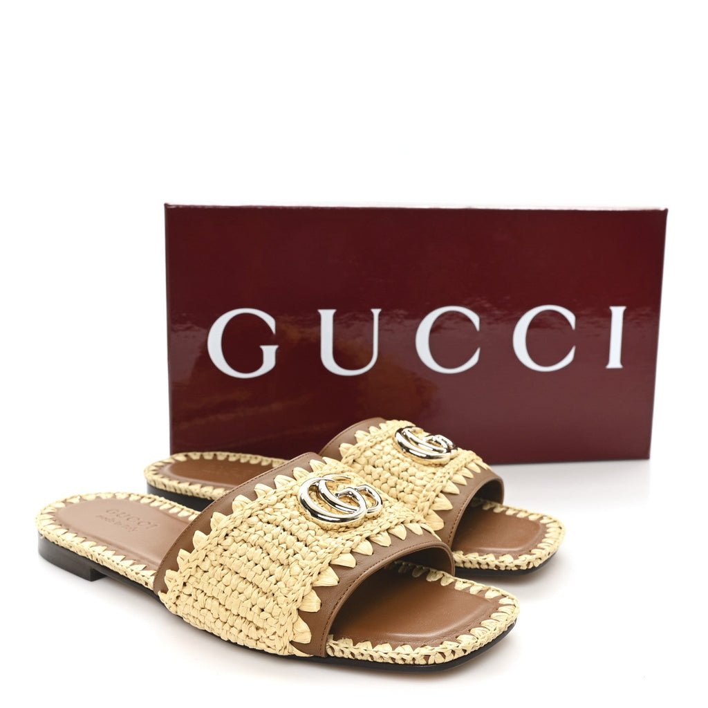 Raffia Interlocking G Flat Slide Sandals 37.5 Bright Natural Sundial