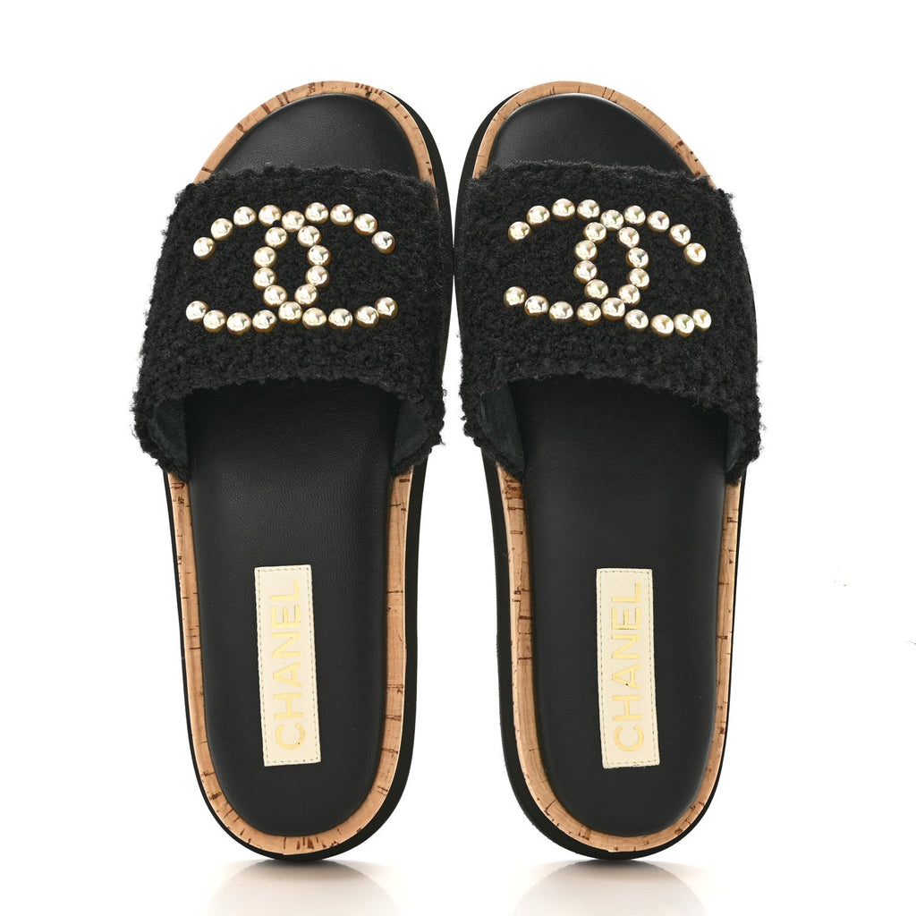 Fabric Pearl Cork CC Slip On Sandals 40 Black