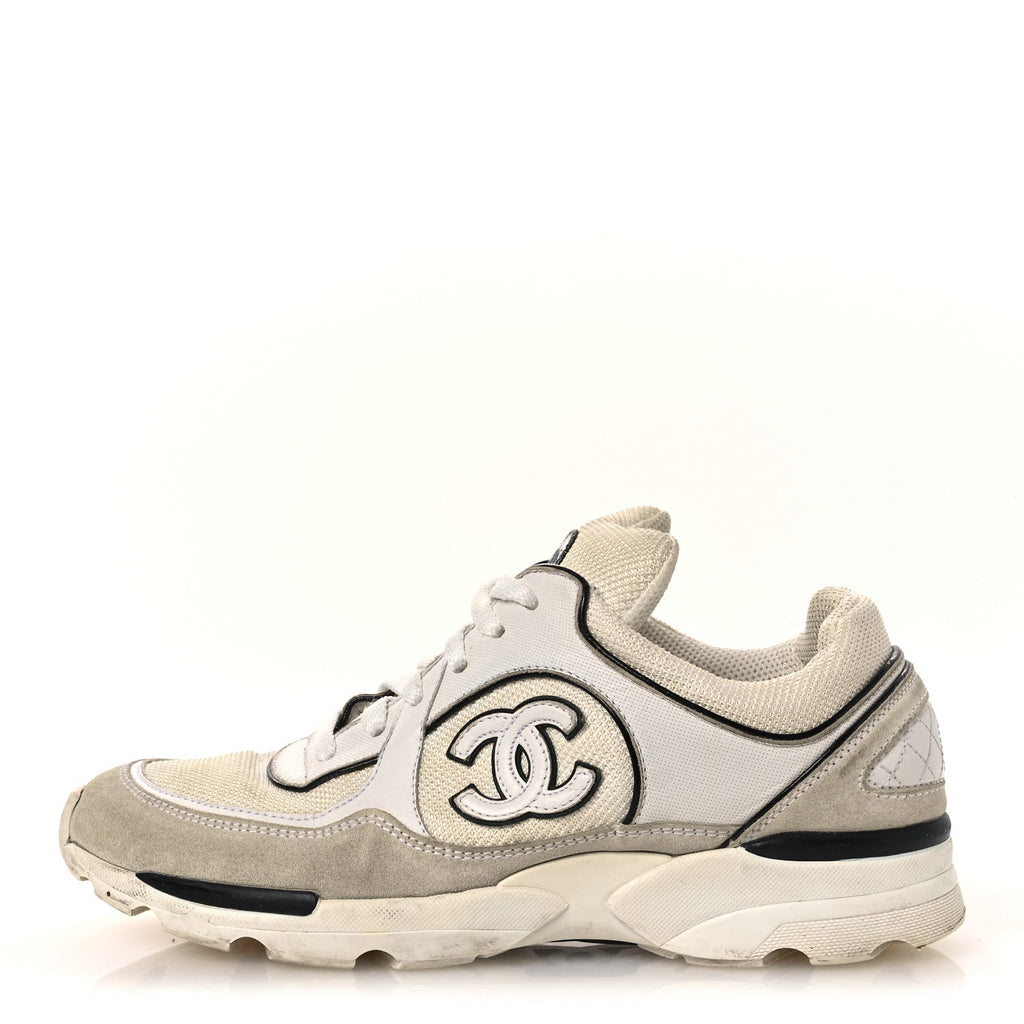 Mesh Suede Calfskin Grosgrain Womens CC Sneakers 37.5 White Black