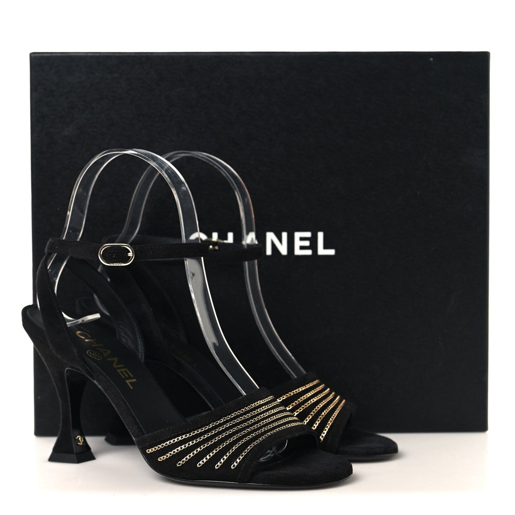 Suede Kidskin Chain Sandals  36 Black