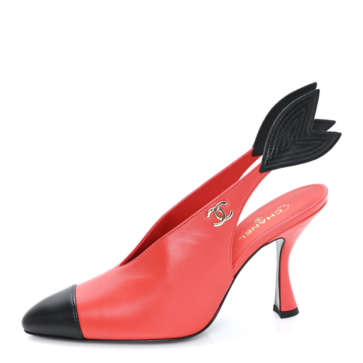 Lambskin Patent Calfskin Cap Toe CC Slingback Pumps 38 Red Black