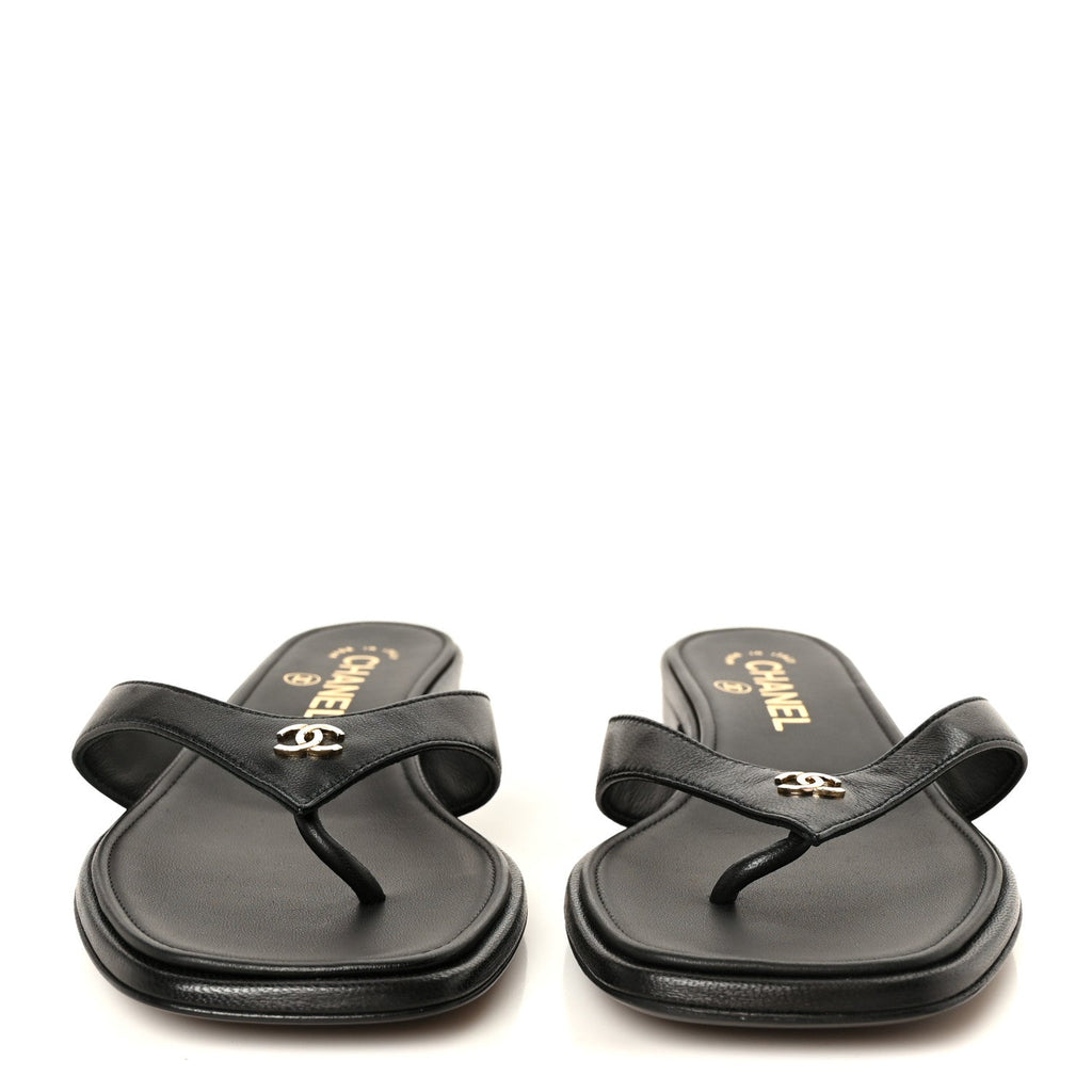 Lambskin CC Thong Sandals 37 Black