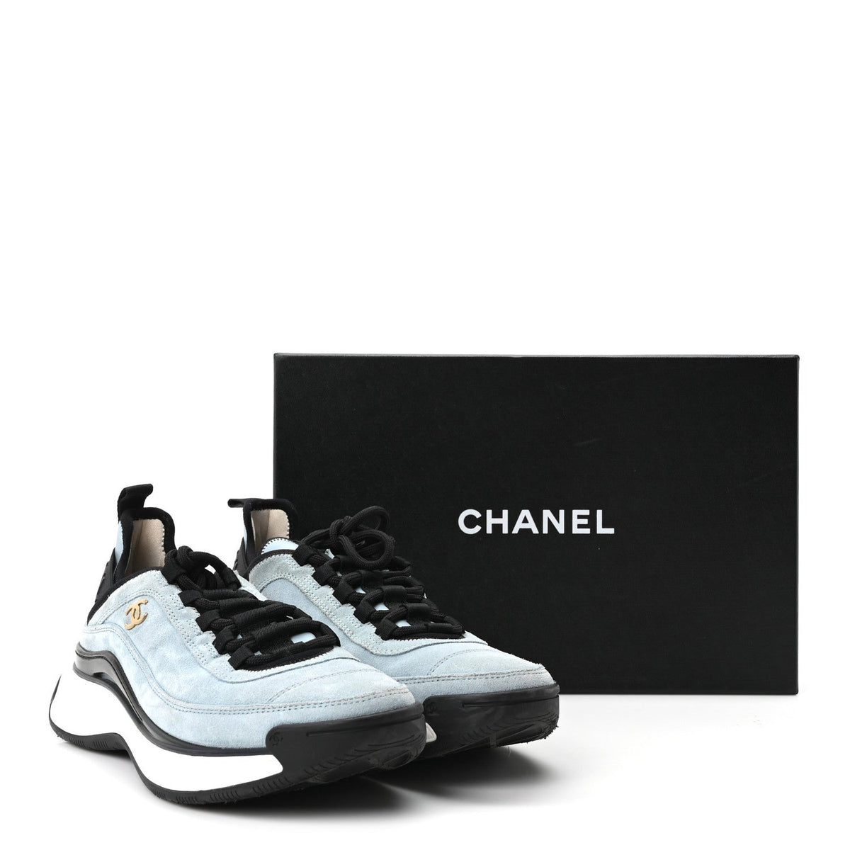 Suede Calfskin Nylon Grosgrain CC Sneakers 38.5 Light Blue