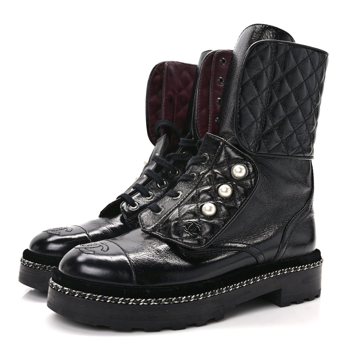 Crackled Calfskin Velvet Pearl Combat Ankle Boots 36.5 Black
