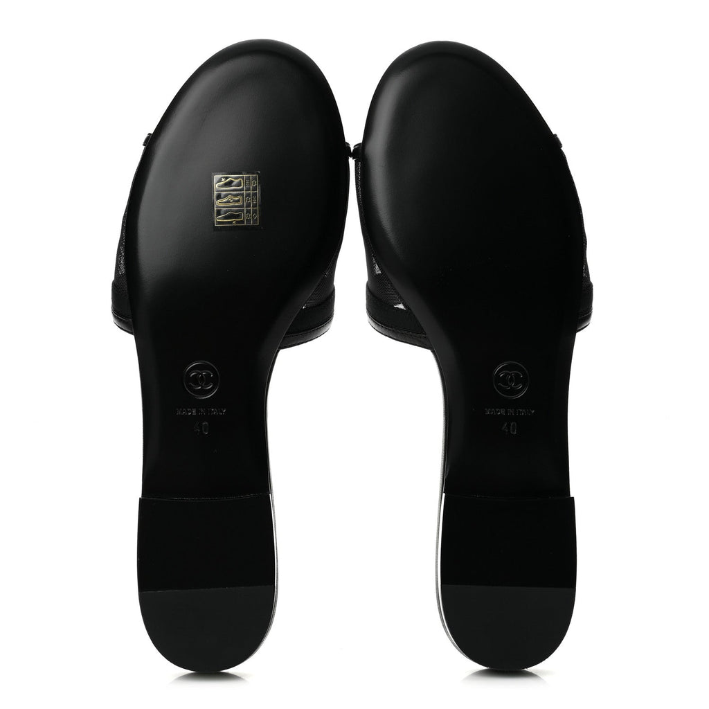 Mesh Lambskin CC Bow Mules 40 Black