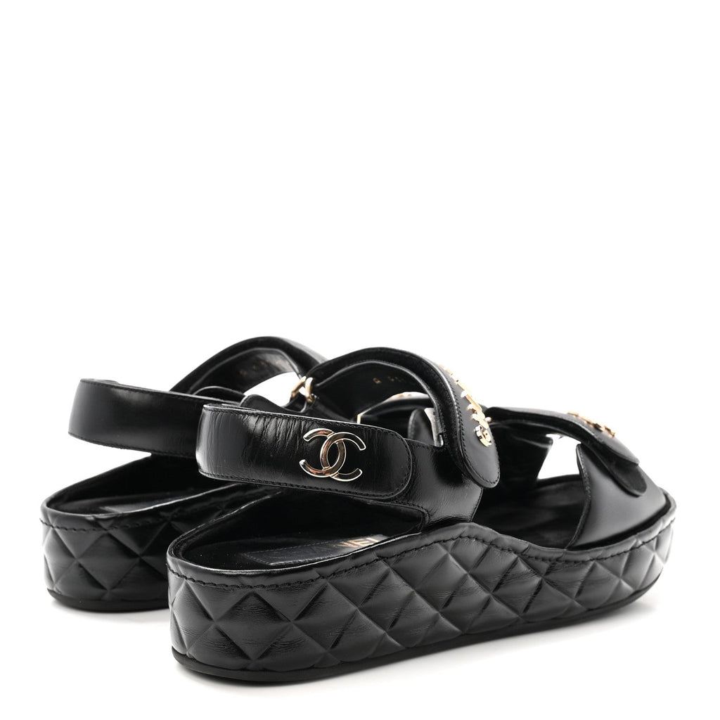 Shiny Calfskin Logo Platform Sandals 38 Black