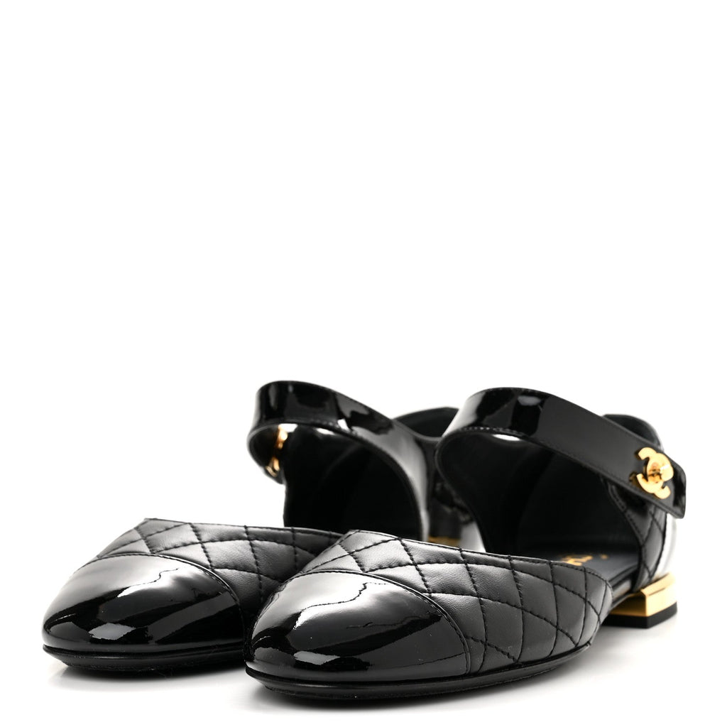 Patent Lambskin Quilted Cap Toe Ballerina Flats 36 Black