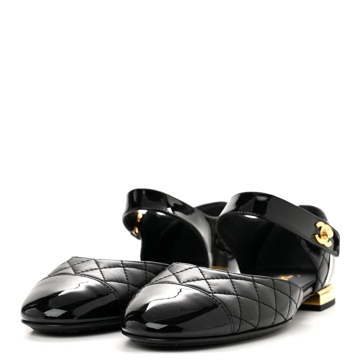 Patent Lambskin Quilted Cap Toe Ballerina Flats 36 Black