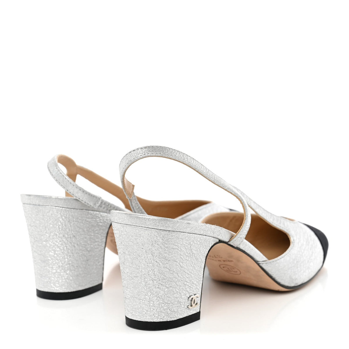 Metallic Lambskin Grosgrain Cap Toe CC Slingback Sandals 37.5 Black Silver