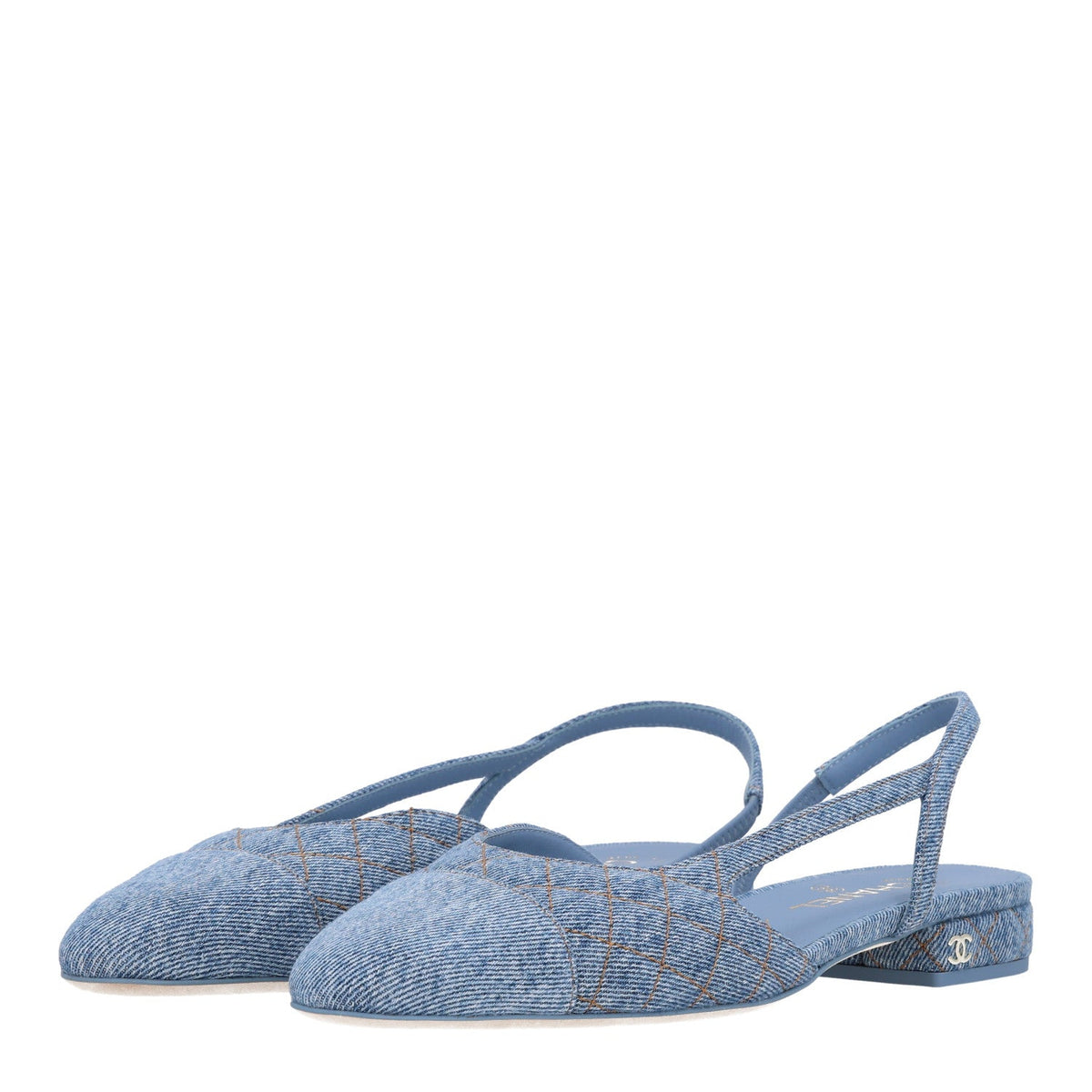 Denim Quilted Cap Toe CC Slingback Flats 40 Light Blue