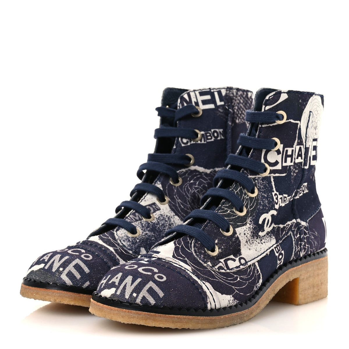 Suede Calfskin Printed CC 31 Rue Cambon Lace Up Combat Boots 39.5 White Navy