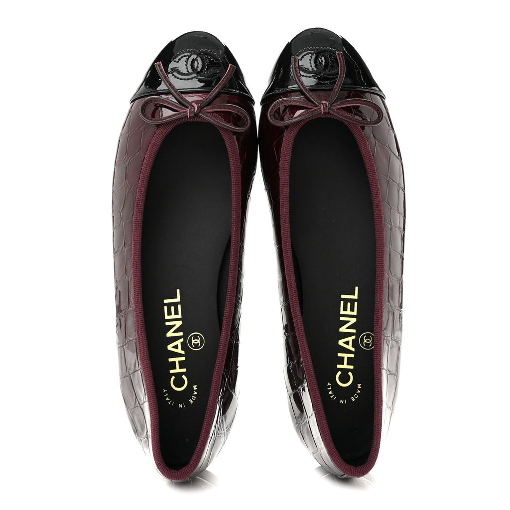 Patent Calfskin Crocodile Embossed Ballerina Flats 37 Dark Burgundy Black
