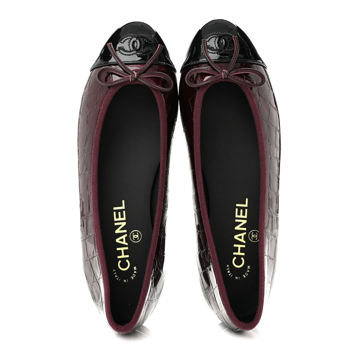 Patent Calfskin Crocodile Embossed Ballerina Flats 37 Dark Burgundy Black