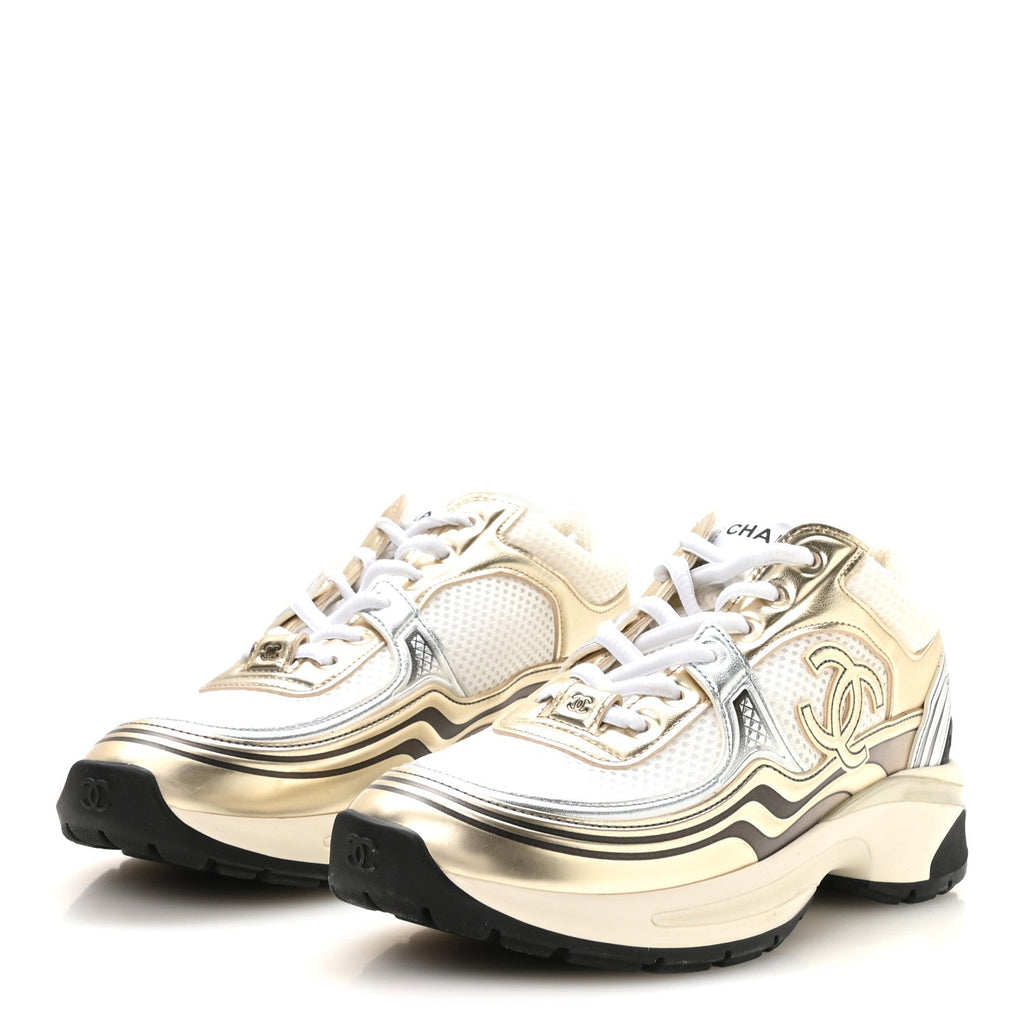 Fabric Laminated Calfskin Stretch CC Womens Sneakers 36.5 White Gold Silver