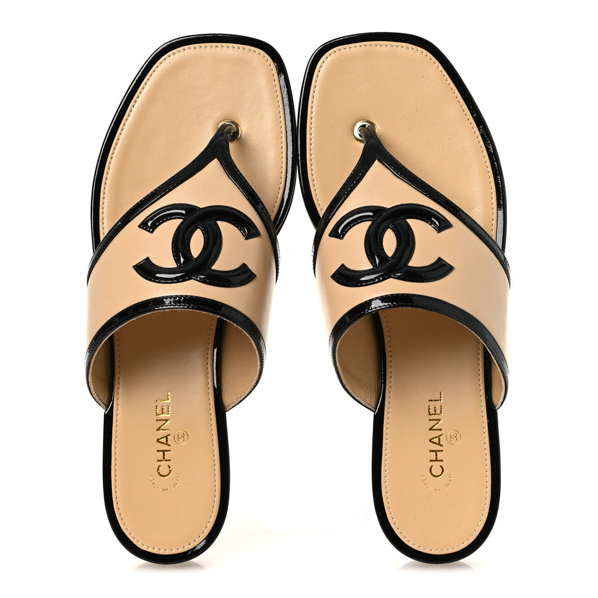 Lambskin Patent Calfskin CC Thong Sandals 38 Beige Black