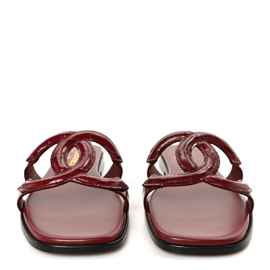 Crocodile Embossed Patent Calfskin CC Mules Sandals 39.5 Burgundy