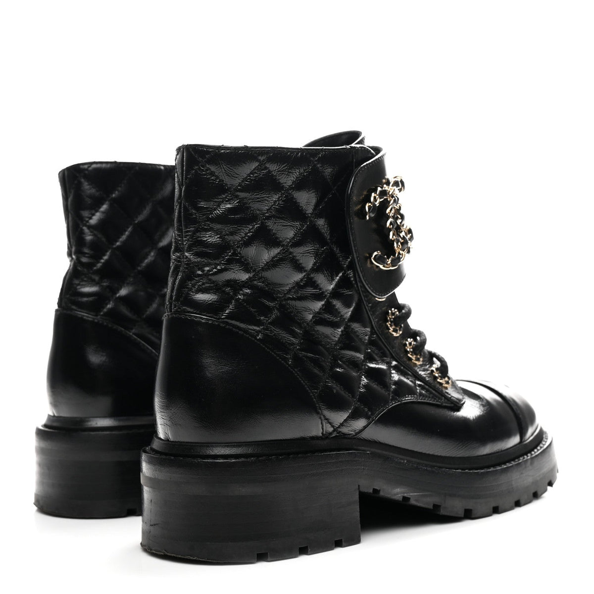 Shiny Calfskin Quilted Lace Up Combat Boots 36 Black