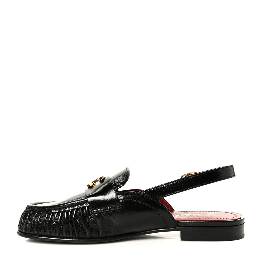 Crumpled Shiny Lambskin CC Slingback Mocassin 38.5 Black